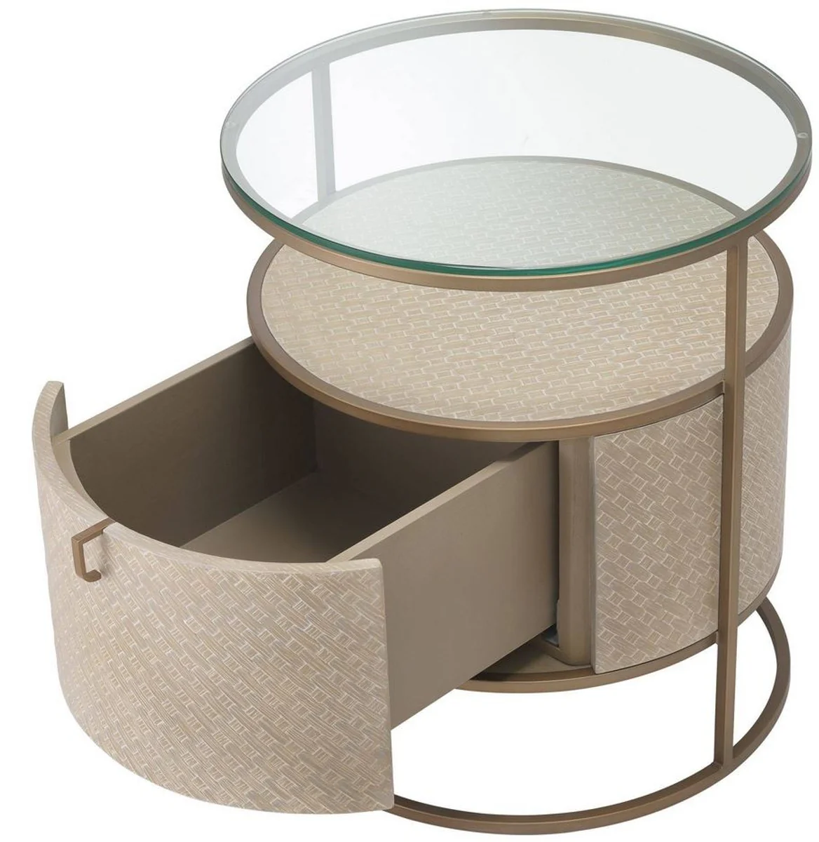 Luxus Nachttisch Beige / Messingfarben Ø 50 x H. 56 cm - Runder Beistelltisch mit Schublade und Glasplatte - Luxus Schlafzimmermöbel