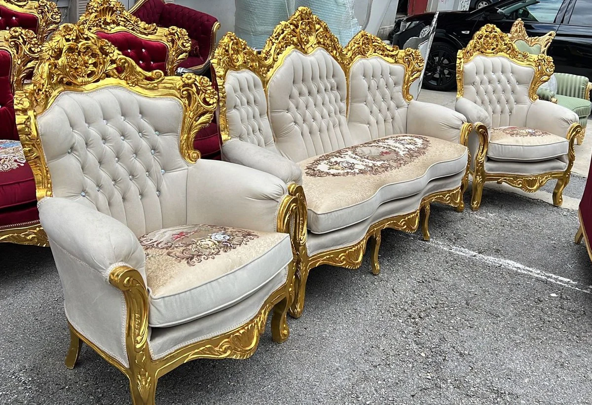 Barock Wohnzimmer Set Creme / Gold - Prunkvolle Barock Möbel