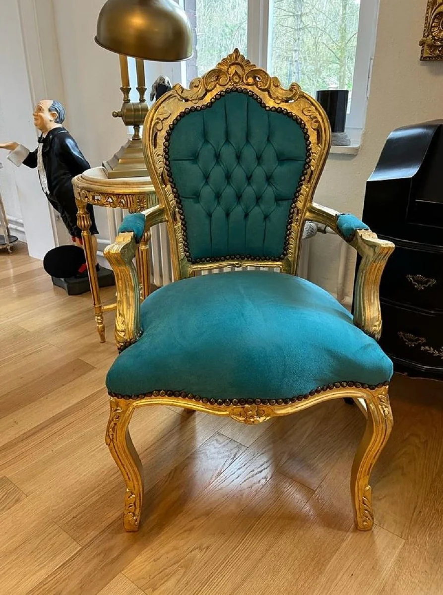 Barock Esszimmer Stuhl mit Armlehnen Türkis / Gold - Handgefertigter Antik Stil Massivholz Stuhl mit edlem Samtstoff - Esszimmer Möbel im Barockstil - Barock Möbel