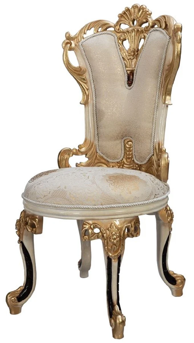 Luxus Barock Esszimmerstuhl 8er Set Weiß / Creme / Beige / Schwarz / Gold - Barockstil Küchenstühle mit Muster - Luxus Esszimmer Möbel im Barockstil - Barock Esszimmer Möbel