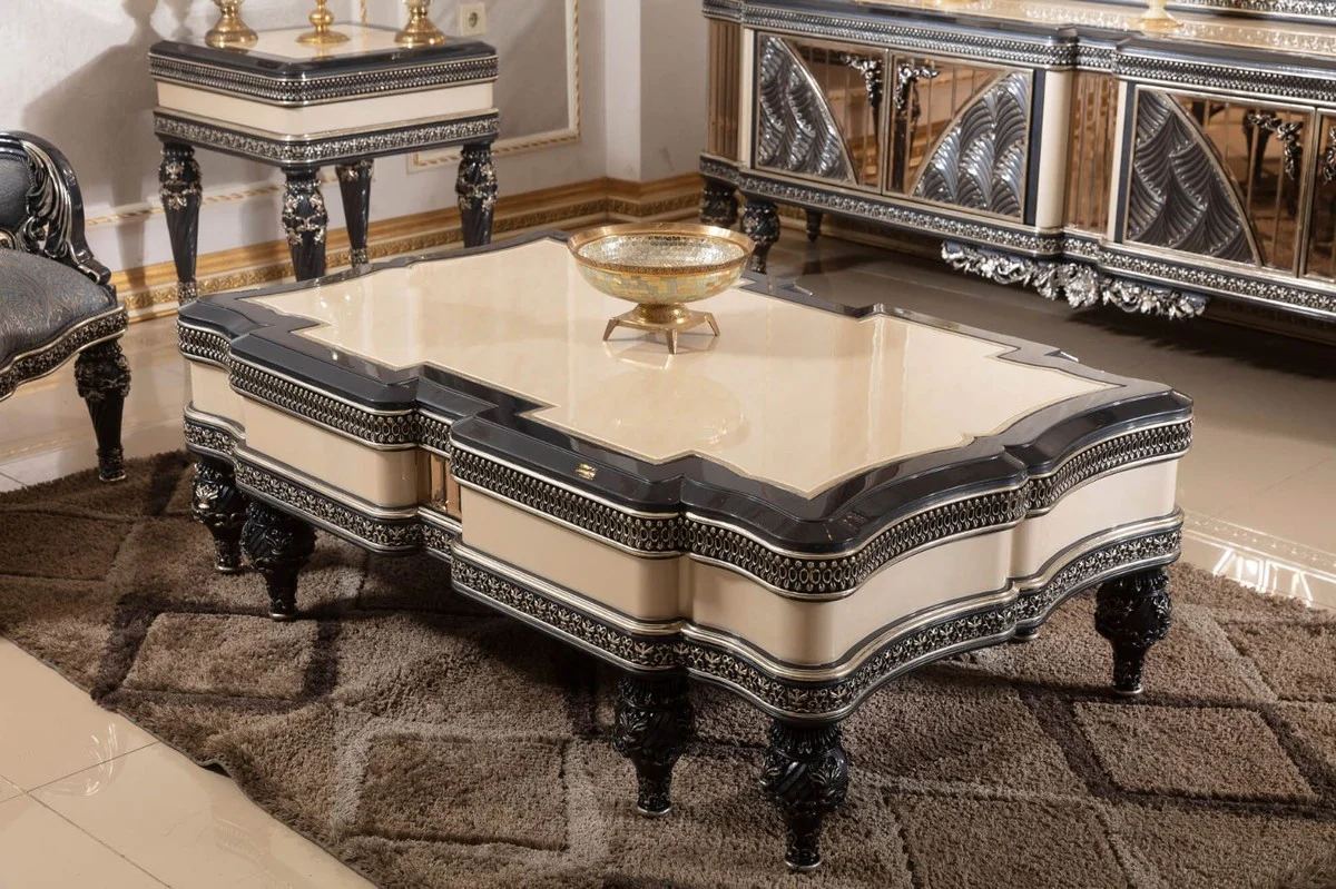 Luxus Barock Couchtisch Beige / Schwarz / Gold - Prunkvoller Massivholz Wohnzimmertisch im Barockstil - Barock Wohnzimmer Möbel - Edel & Prunkvoll