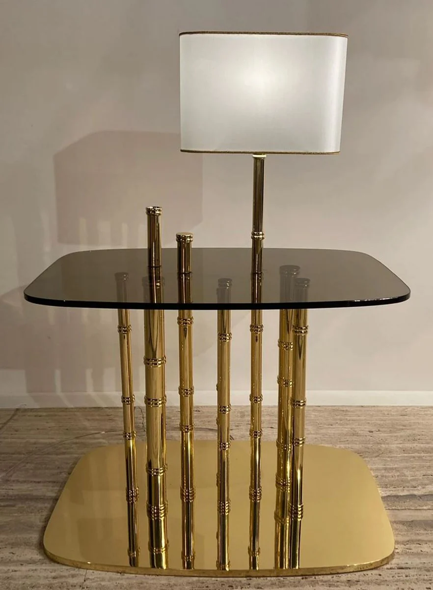Luxus Designer Beistelltisch Bambus Gold / Schwarz / Weiß 70 x 45 x H. 40 cm - Vergoldeter Messing Nachttisch mit Glasplatte und integrierter Tischleuchte - Hotel Möbel - Luxus Qualität