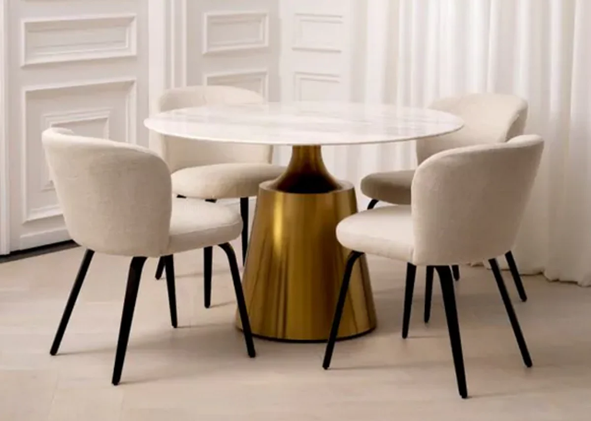 Luxus Esstisch Weiß / Messingfarbig Ø 120 x H. 77 cm - Runder Marmor Küchentisch - Luxus Esszimmer Möbel