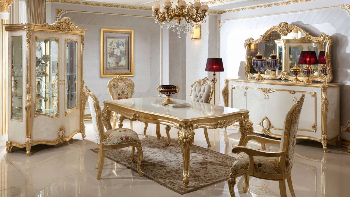 Luxus Barock Esszimmer Set Weiß / Mehrfarbig / Gold
