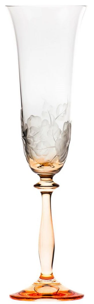 Luxus Barock Champagnerglas 6er Set Orange Ø 7 x H. 24,5 cm - Handgefertigte und handgravierte Champagnergläser mit Blumen Design - Hotel & Restaurant Accessoires