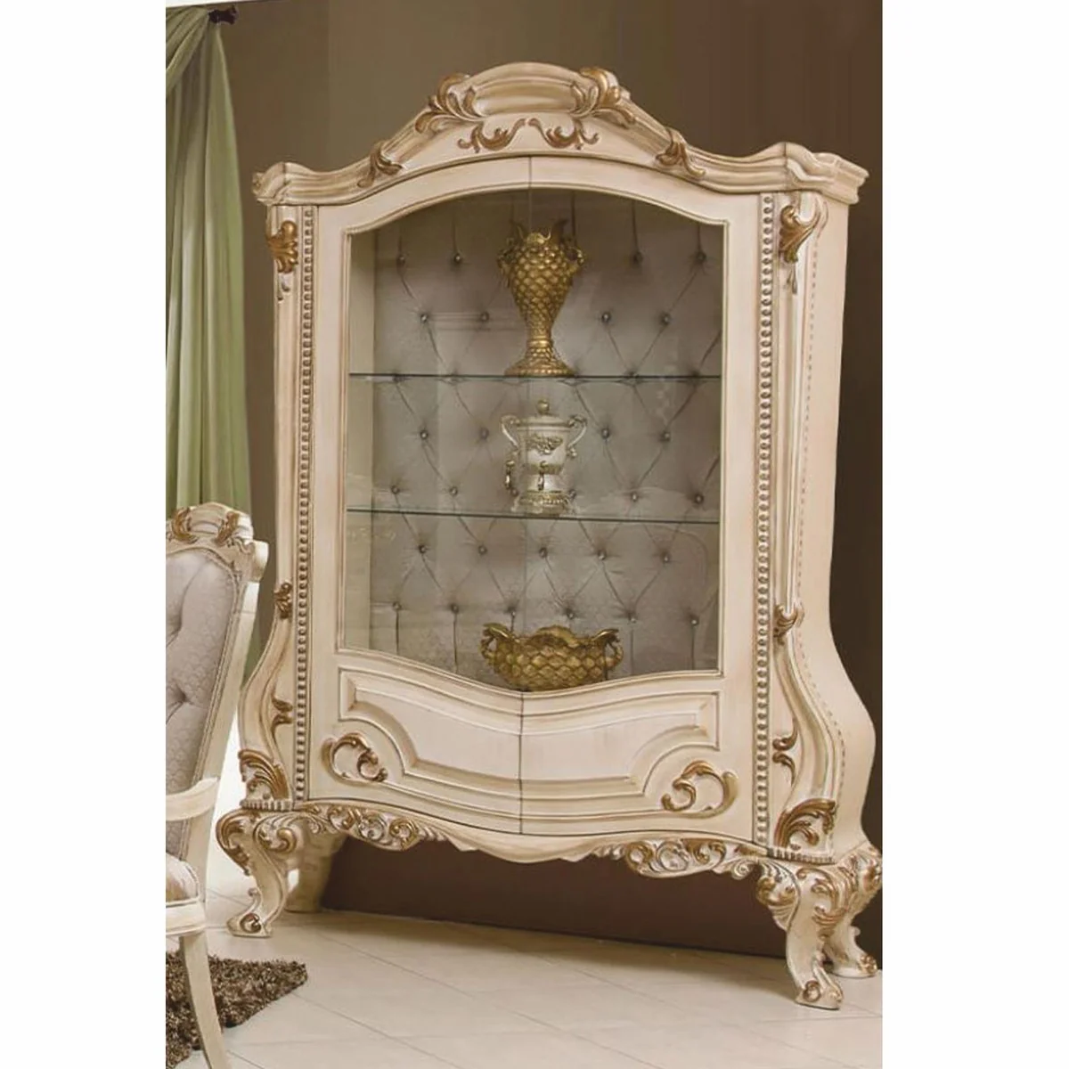 Luxus Barock Vitrine Creme / Gold / Grau H. 220 cm - Barock Möbel