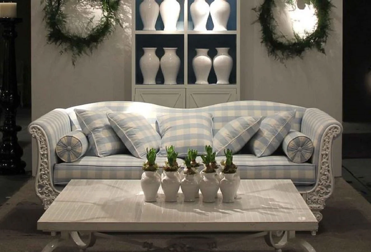 Luxus Barock Sofa Weiß / Hellblau 220 x 100 x H. 80 cm - Handgeschmiedetes Schmiedeeisen Sofa mit Kissen - Wohnzimmer Sofa - Garten Sofa - Terrassen Sofa - Barock Möbel