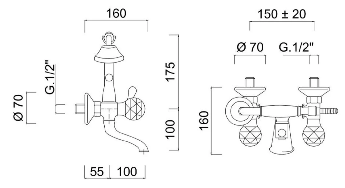 Luxus Jugendstil Badarmatur mit Schlauch und Handbrause Gold - Badewannen Armatur mit Swarovski Kristallglas - Nostalgisches Bad Zubehör - Wannenbatterie