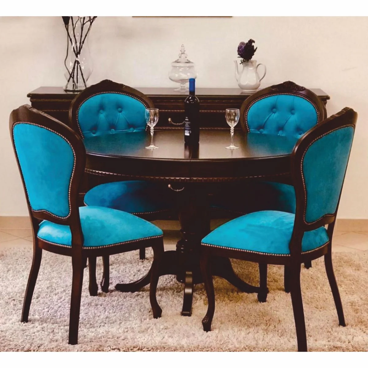 Luxus Barock Esszimmer Set Dunkelbraun / Blau - 1 ausziehbarer Esstisch & 4 Stühle