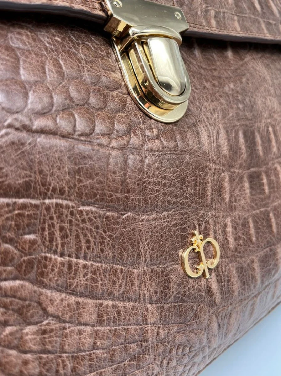 Luxus Echtleder Herren Aktentasche in Kroko Optik Braun / Gold 42 cm - Made in Italy