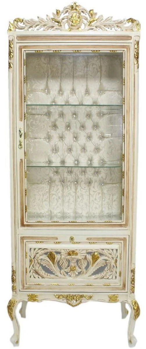 Barock Vitrine Cremefarben / Beige / Gold 70 x 40 x H. 170 cm - Prunkvoller Barock Vitrinenschrank mit Glastür und Glitzersteinen - Barock Möbel
