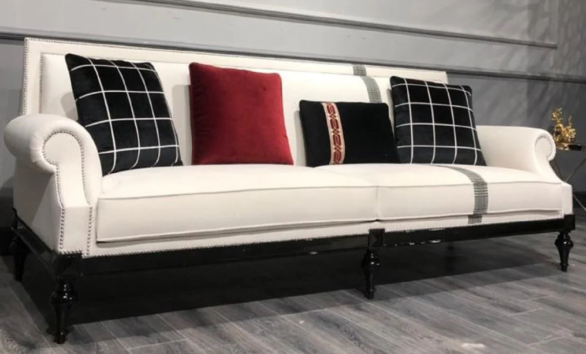 Luxus Barock Sofa Weiß / Silber / Schwarz - Edles Wohnzimmer Sofa im Barockstil - Barock Wohnzimmer Möbel