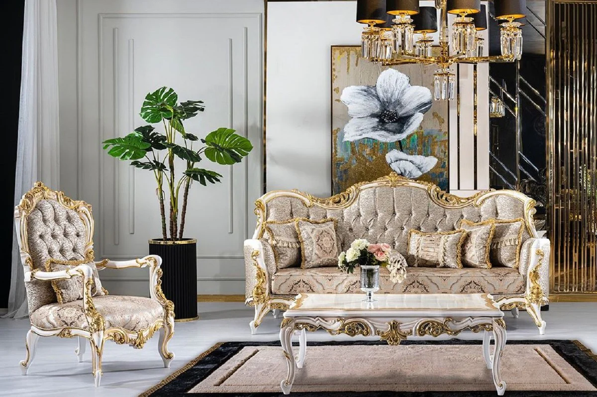 Luxus Barock Couchtisch Weiß / Beige / Gold - Prunkvoller Wohnzimmertisch im Barockstil - Barockstil Wohnzimmer Möbel - Barock Möbel - Barock Einrichtung - Luxus Möbel im Barockstil