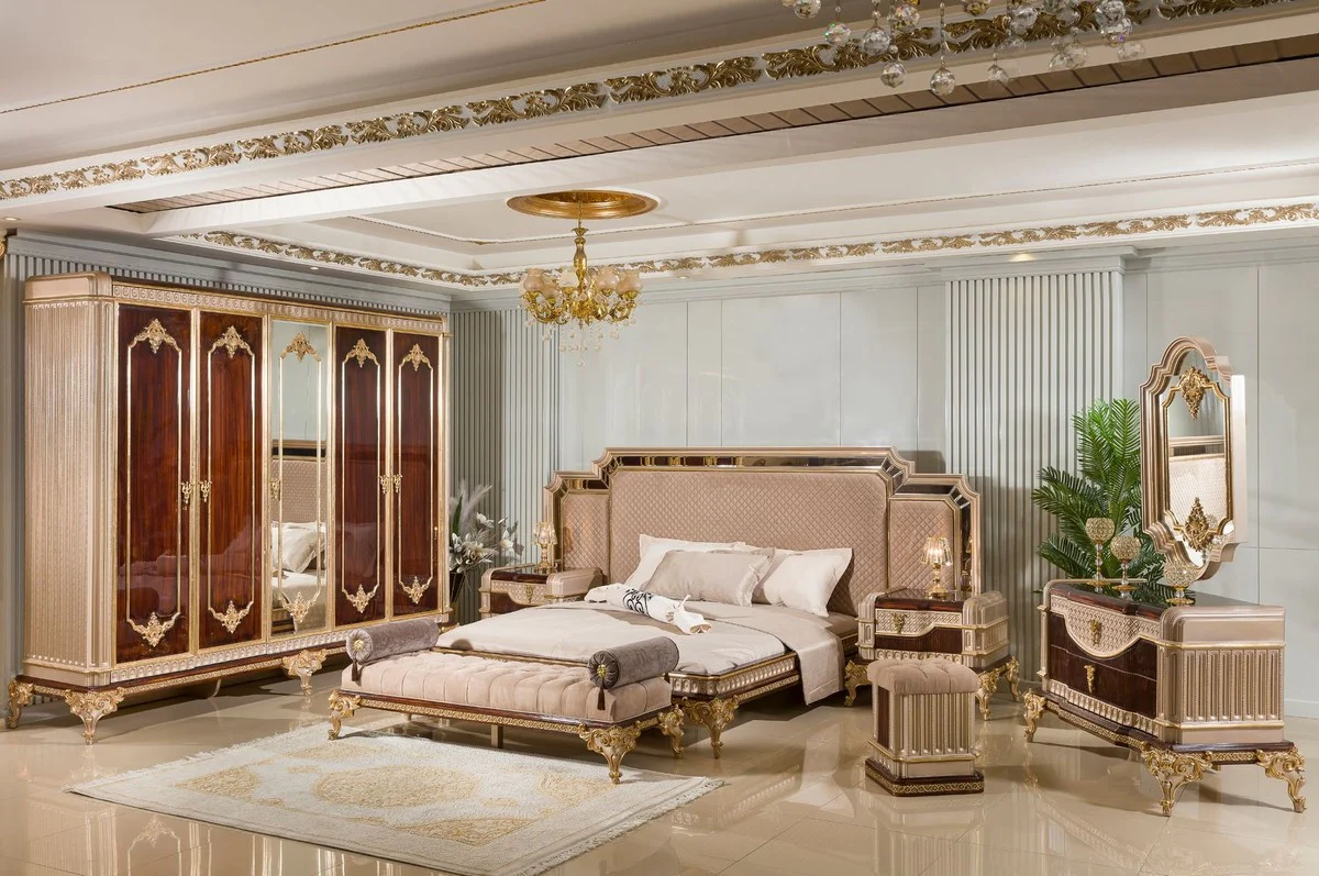 Luxus Barock Schlafzimmer Schrank mit 5 Türen Dunkelbraun / Grau / Gold - Barock Möbel