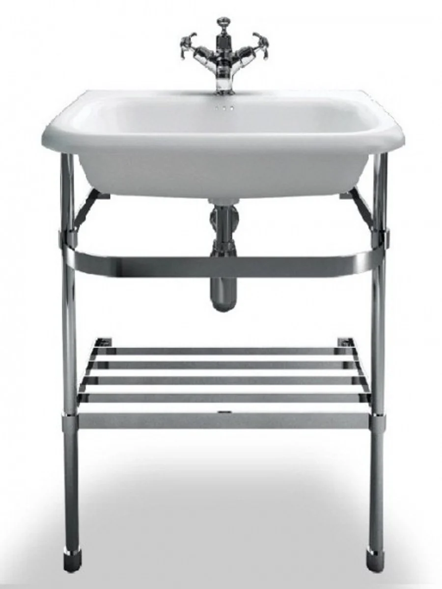 Jugendstil Stand Waschtisch Naturstein Weiß / Edelstahl B 65cm - Art Deco Waschbecken Barock Antik Stil