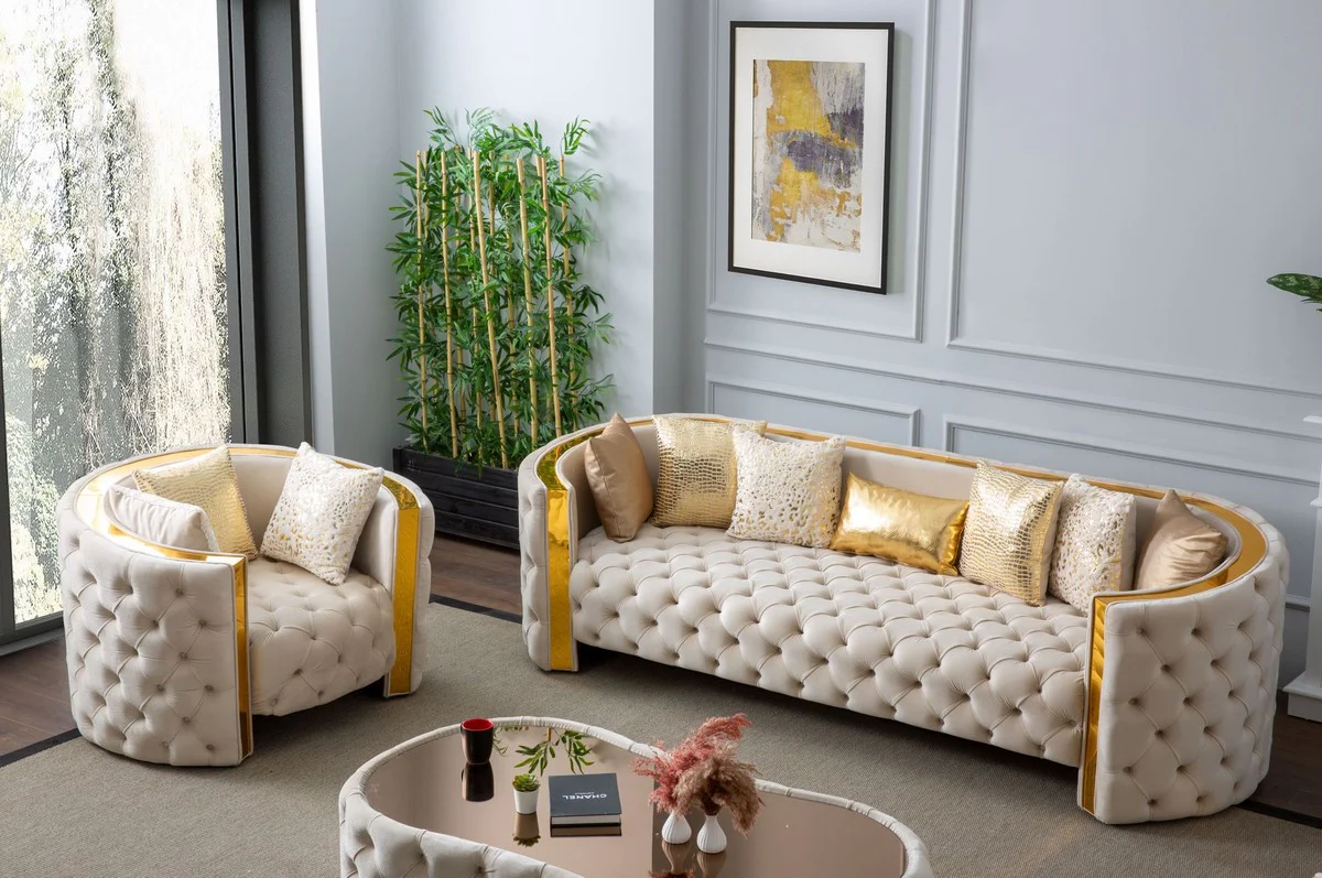 Luxus Chesterfield Sessel Creme / Gold 120 x 100 x H. 75 cm - Chesterfield Wohnzimmer Sessel - Wohnzimmer Möbel - Chesterfield Möbel - Luxus Möbel - Luxus Einrichtung - Möbel Luxus