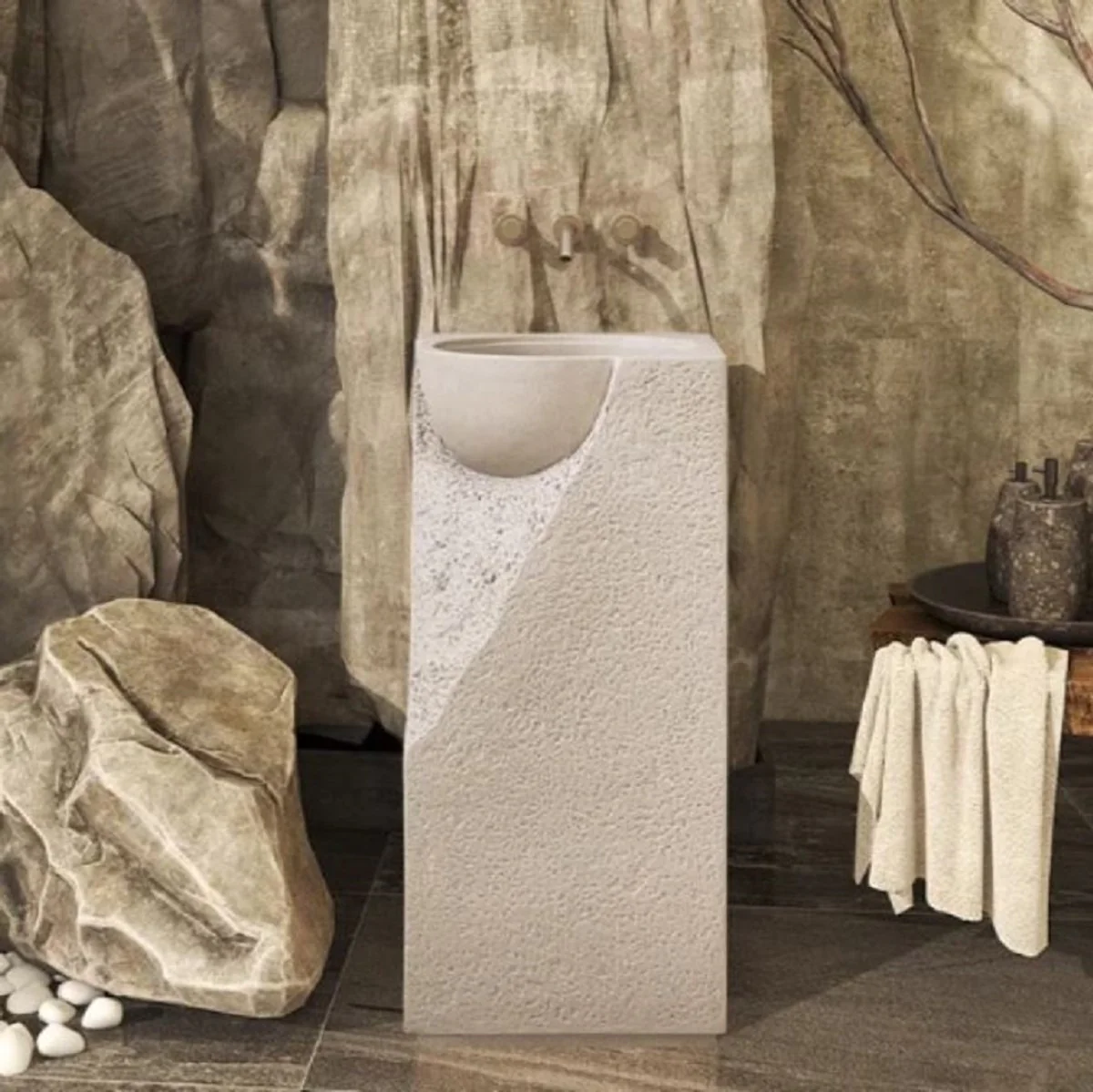 Luxus Waschtisch Grau 40 x 40 x H. 86 cm - Keramik Waschtisch mit integriertem Waschbecken - Luxus Badezimmer Möbel - Hotel Möbel - Luxus Qualität - Made in Italy