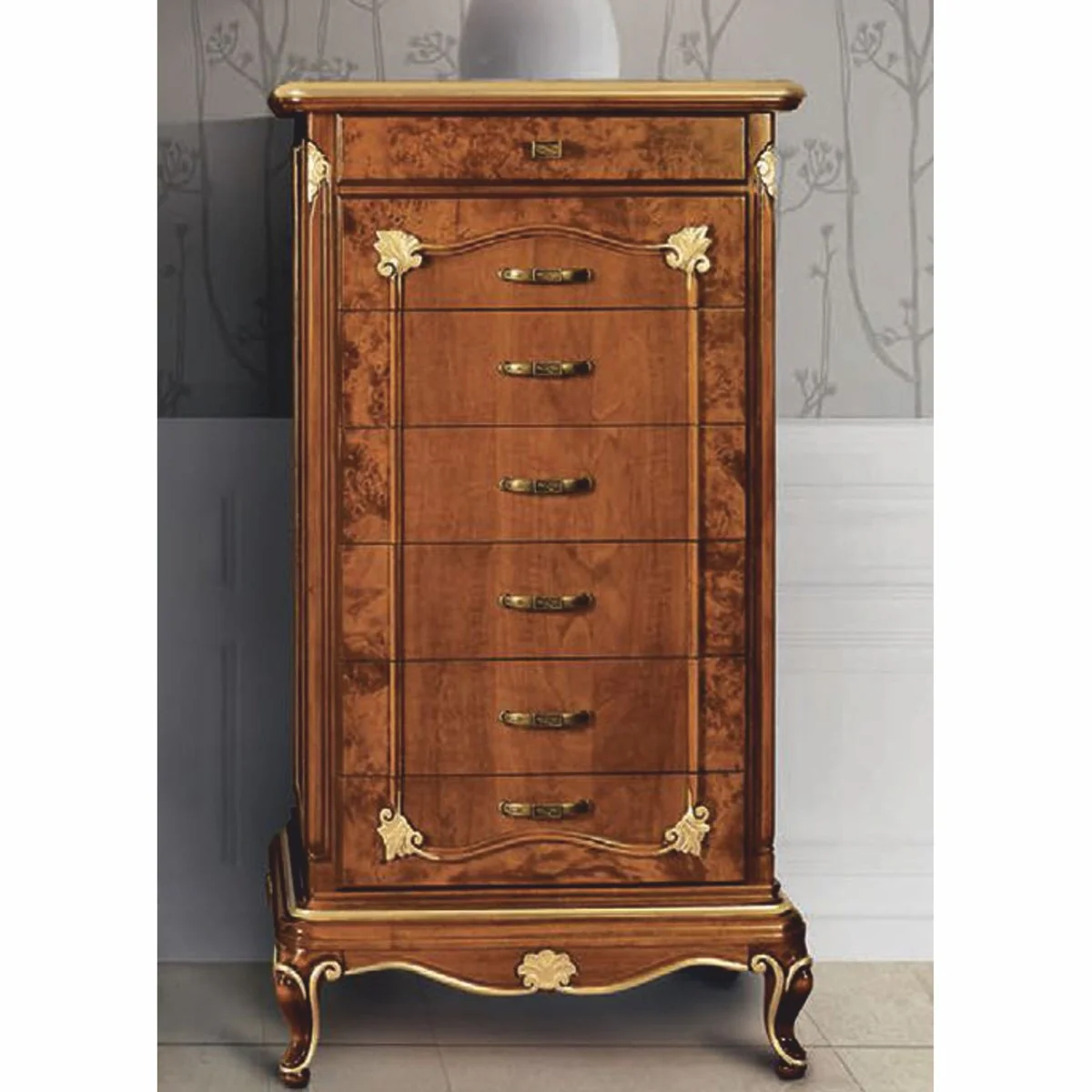 Luxus Barock Kommode mit 7 Schubladen Braun / Gold H. 135 cm - Made in Italy