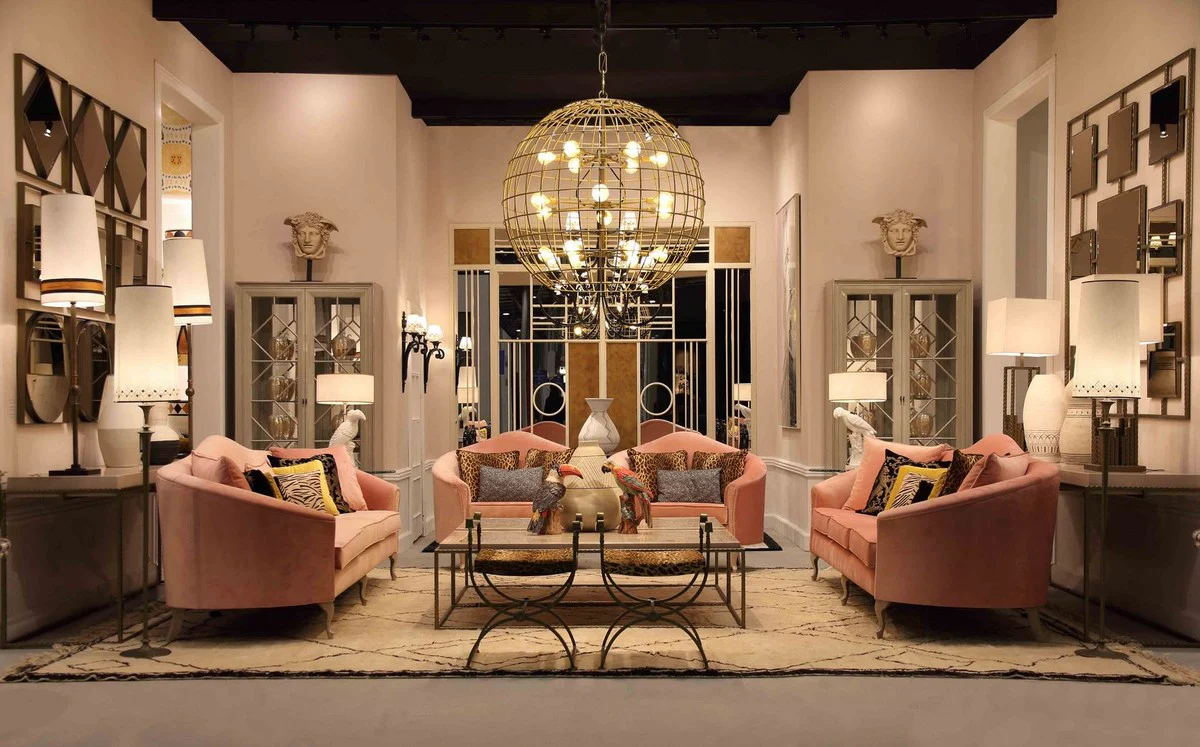 Luxus Barock Samt Sofa Rosa / Grau 280 x 90 x H. 100 cm - Edles Wohnzimmer Sofa mit dekorativen Kissen - Barock Wohnzimmer Möbel - Luxus Qualität