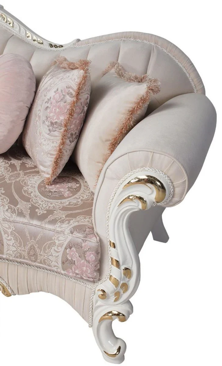 Luxus Barock Sofa Rosa / Weiß / Gold 237 x 90 x H. 99 cm - Wohnzimmer Couch mit dekorativen Kissen - Barockmöbel