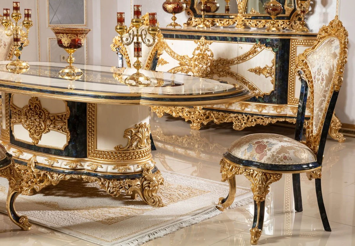 Luxus Barock Esszimmerstuhl Set Mehrfarbig / Blau / Gold - Handgefertigtes Küchen Stühle 6er Set mit elegantem Muster - Barock Esszimmer Möbel - Edel & Prunkvoll