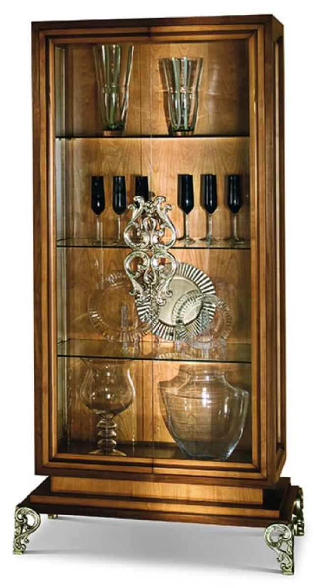 Luxus Barock Vitrine mit 2 Glastüren Braun / Silber H. 201 cm - Barock Möbel - Made in Italy
