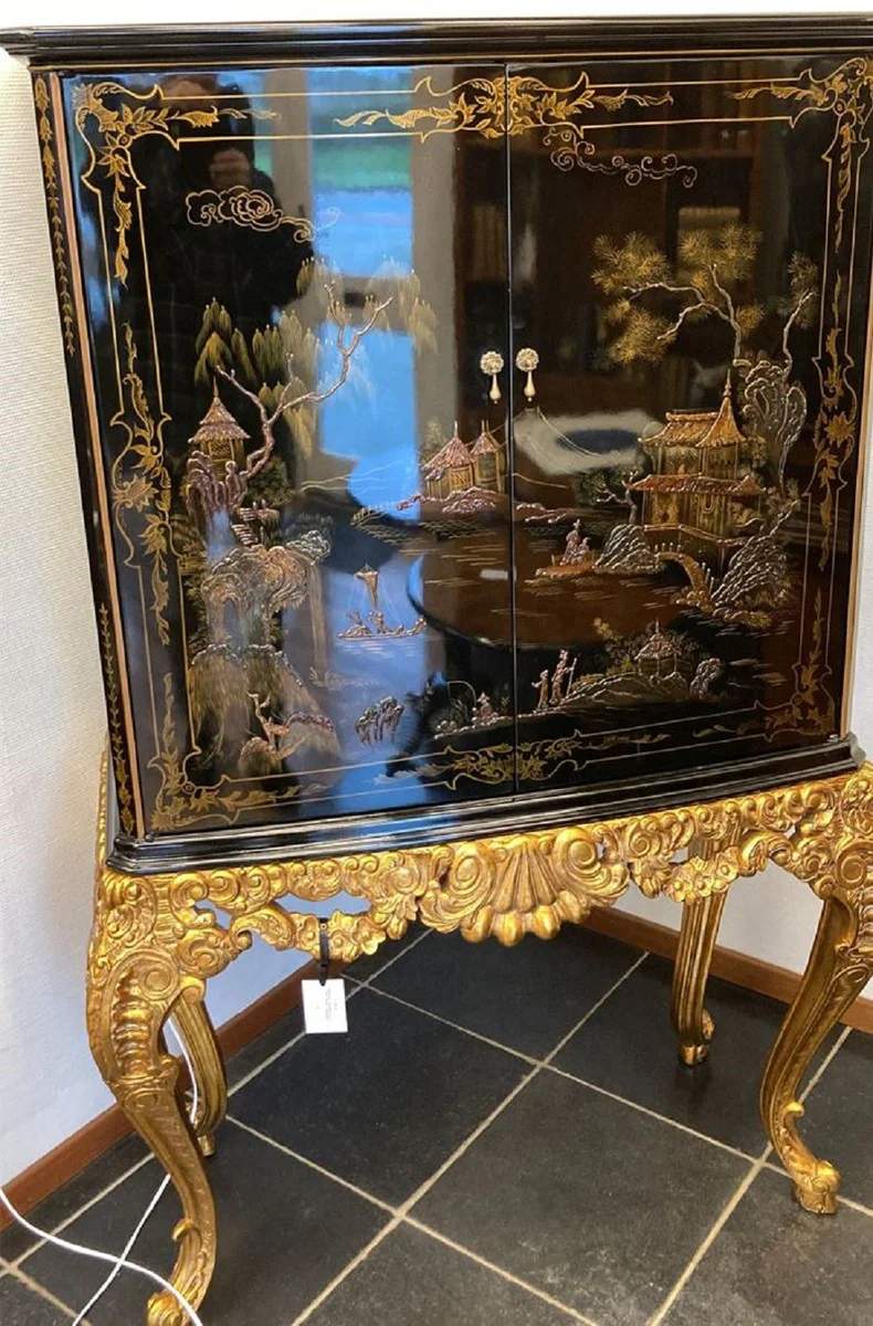 Luxus Barock Barschrank Schwarz / Mehrfarbig / Gold - Prunkvoller Massivholz Schrank mit LED Beleuchtung - Barock Wohnzimmer Möbel - Barock Bar Möbel - Barock Hotel Möbel