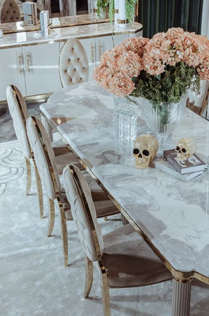 Luxus Art Deco Esszimmer Set Grau / Weiß / Gold - 1 Art Deco Esstisch mit Kunstmarmor Tischplatte & 8 Art Deco Esszimmerstühle - Prunkvolle Art Deco Esszimmer Möbel - Luxus Qualität