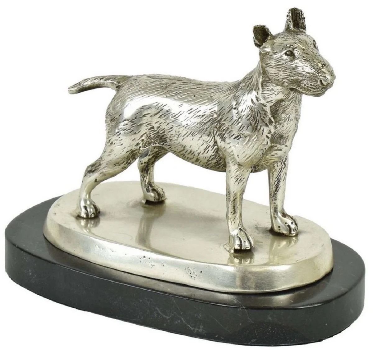 Luxus Deko Bronzefigur Bullterrier Hund Silber / Schwarz 19 x 10 x H. 15 cm - Bronze Skulptur mit Marmorsockel - Dekofigur - Deko Accessoires