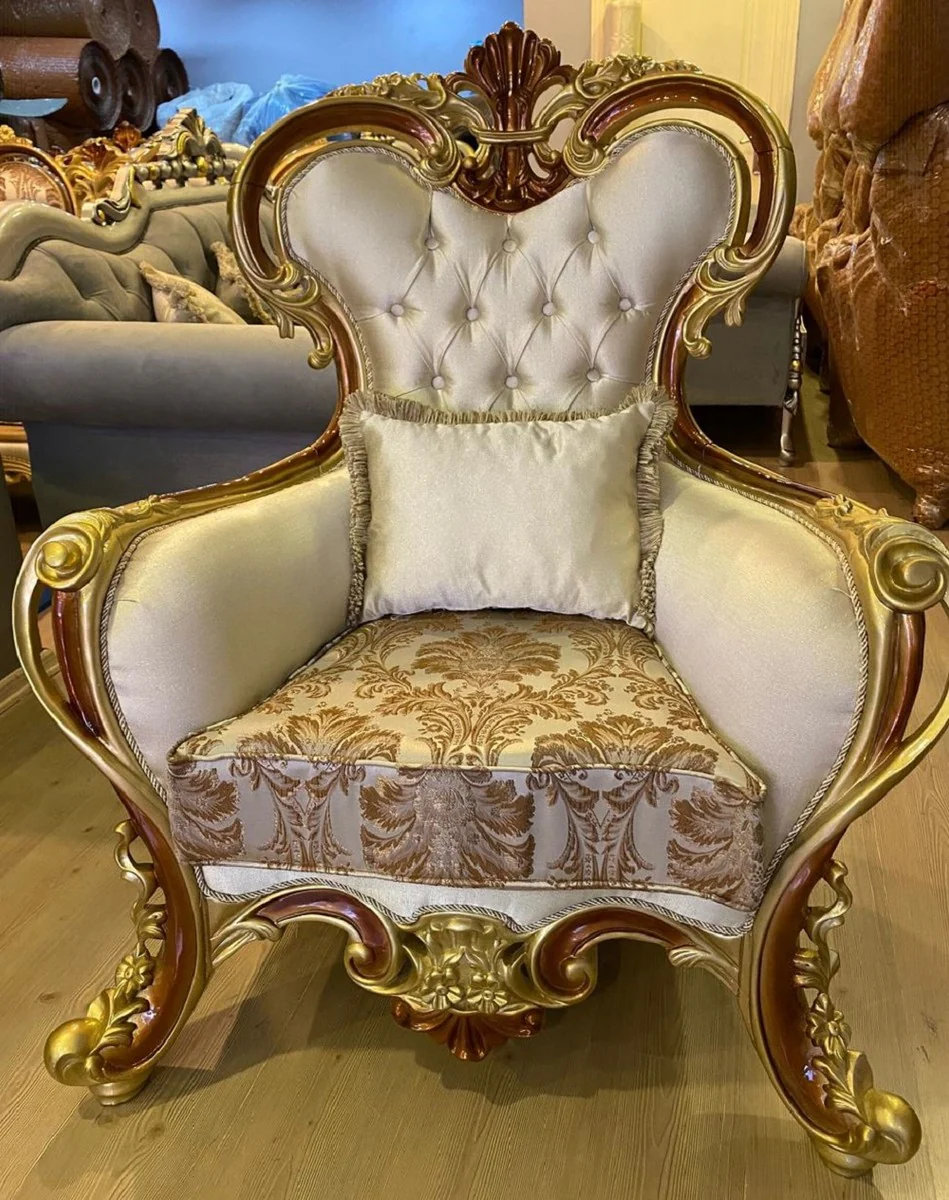 Luxus Barock Wohnzimmer Set Creme / Silber / Gold / Braun - 2 Barock Sofas & 2 Barock Sessel & 1 Barock Couchtisch - Luxus Wohnzimmer Möbel im Barockstil - Barock Möbel
