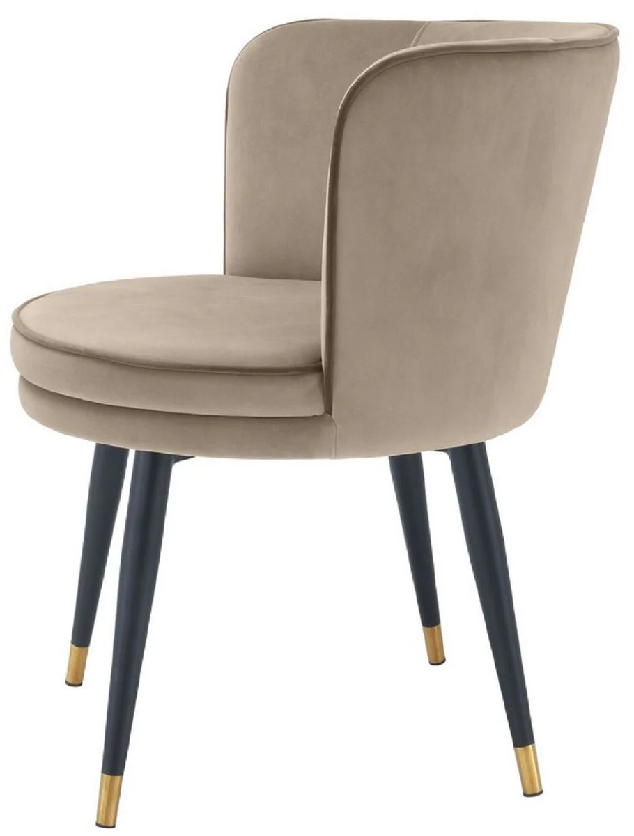 Luxus Samt Esszimmerstuhl mit Armlehnen Greige / Schwarz / Messingfarben 62 x 62 x H. 76 cm - Drehbarer Küchenstuhl - Drehstuhl - Vintage Retro Stuhl - Esszimmermöbel