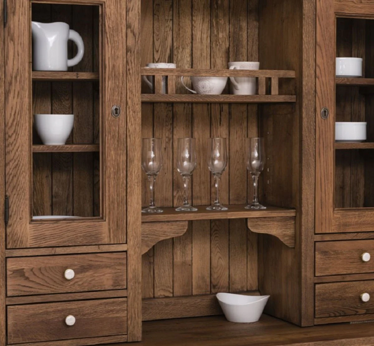 Landhausstil Esszimmerschrank Dunkelbraun 137 x 50 x H. 197 cm - Massivholz Küchenschrank - Esszimmer Möbel im Landhausstil - Landhausstil Esszimmer Einrichtung