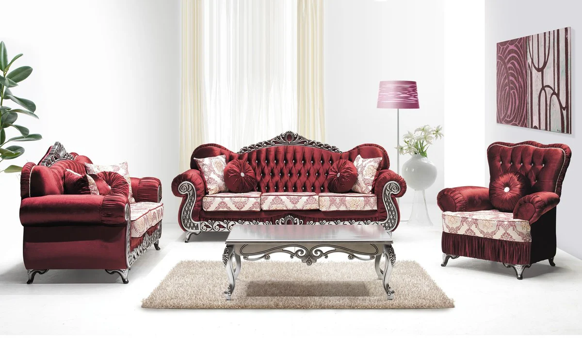 Luxus Barock 2er Sofa Bordeauxrot / Creme / Silber - Prunkvolles Wohnzimmer Sofa mit Muster und Glitzersteinen - Wohnzimmer Möbel im Barockstil - Barock Möbel - Edel & Prunkvoll