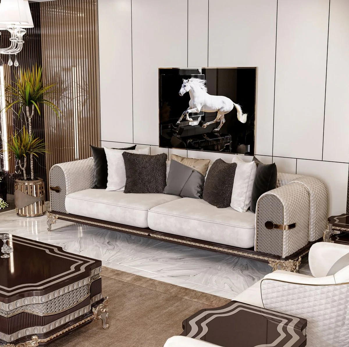 Luxus Barock Sofa Creme / Grau / Dunkelbraun / Gold