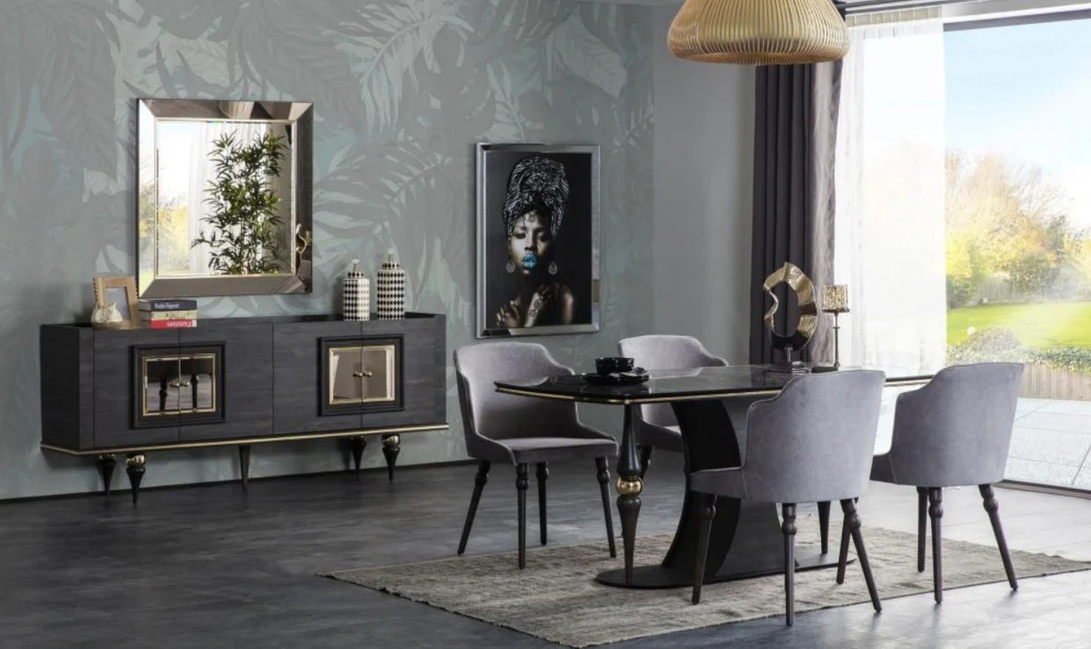 Luxus Art Deco Esszimmer Set Grau / Schwarz / Messingfarben - 1 Esszimmertisch mit Glasplatte in Marmoroptik & 4 Esszimmerstühle - Art Deco Esszimmer Möbel