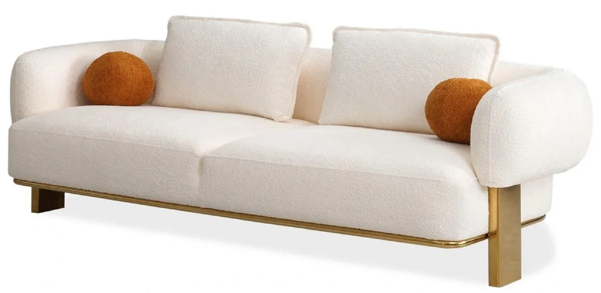 Luxus Sofa Weiß / Messing 250 x 100 x H. 75 cm - Wohnzimmer Sofa - Hotel Sofa - Wohnzimmer Möbel - Hotel Möbel - Luxus Möbel - Luxus Einrichtung