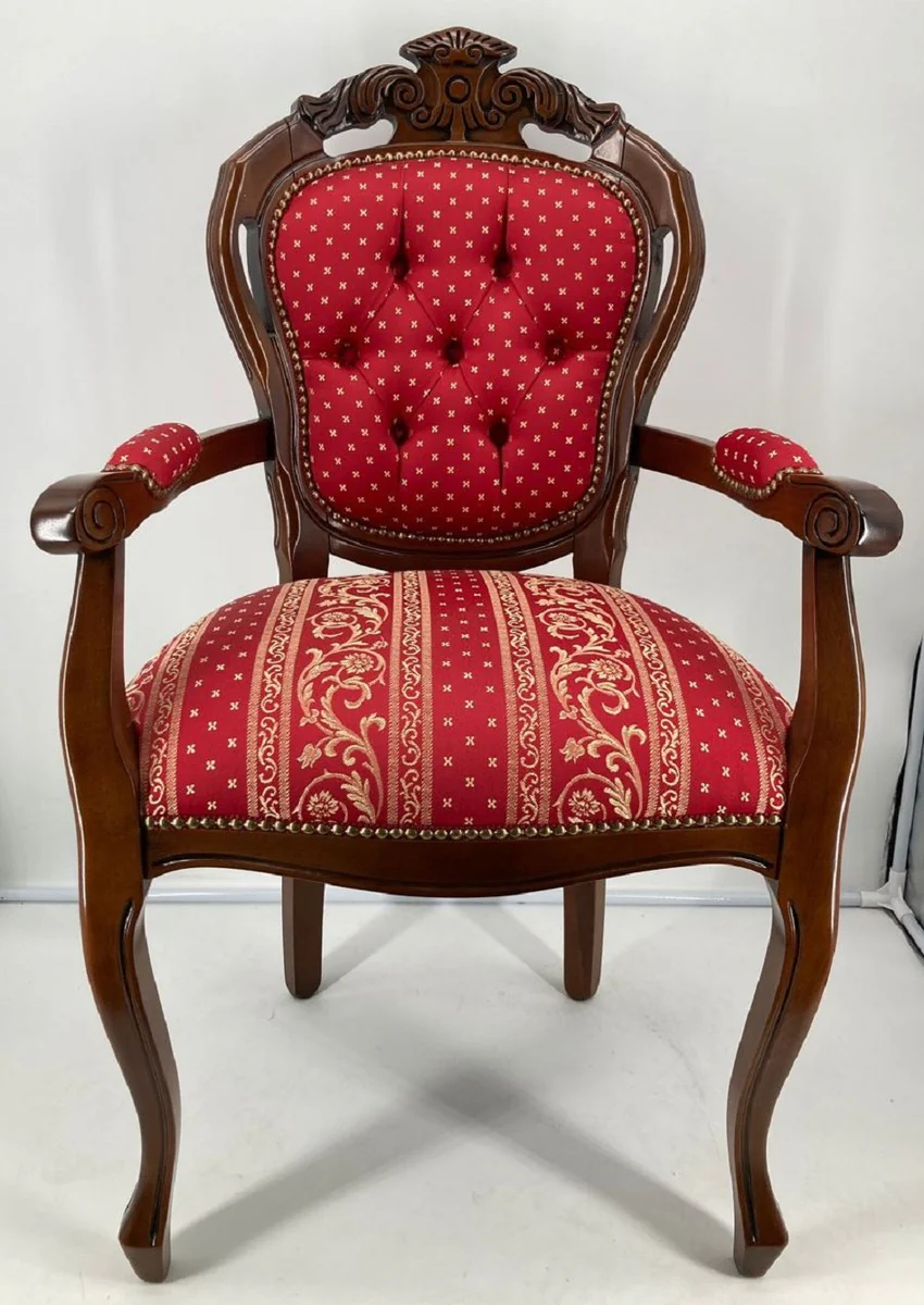Luxus Barock Esszimmerstuhl mit Armlehnen Bordeauxrot / Gold / Braun - Prunkvoller Stuhl mit elegantem Muster - Barock Esszimmer Möbel - Luxus Qualität - Made in Italy