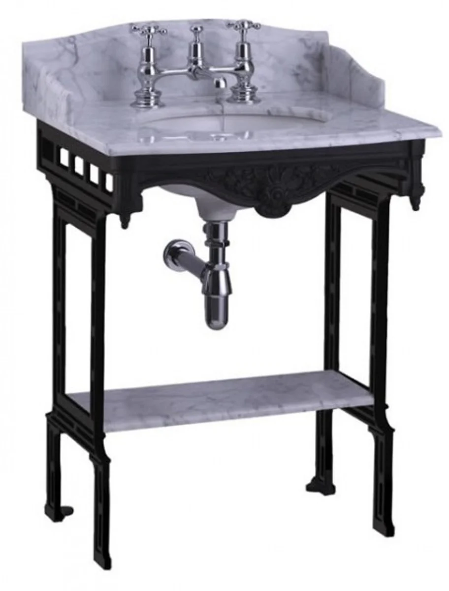 Luxus Jugendstil Stand Waschtisch Weiß / Schwarz mit Marmorplatte mit Spritzschutz hinten, seitlich und Ablage Barock Waschbecken Barockstil Antik Stil