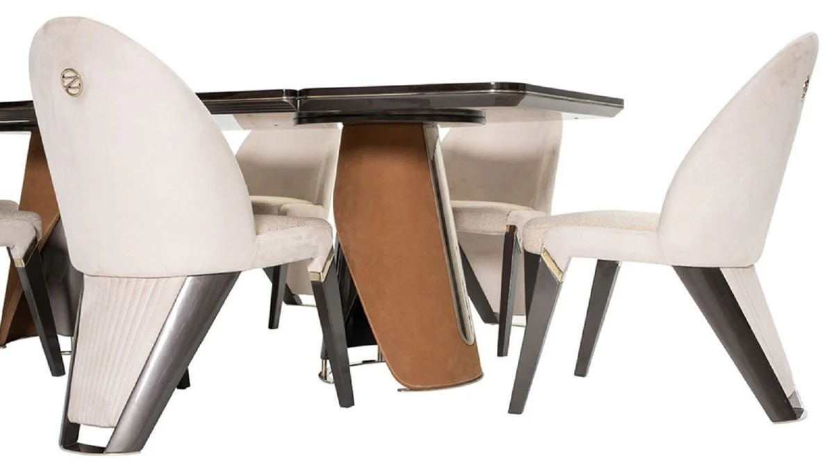 Luxus Esszimmer Set Dunkelbraun / Creme / Grau / Hellbraun / Gold - 1 Luxus Esstisch & 6 Luxus Esszimmerstühle - Esszimmer Möbel - Luxus Möbel - Luxus Einrichtung