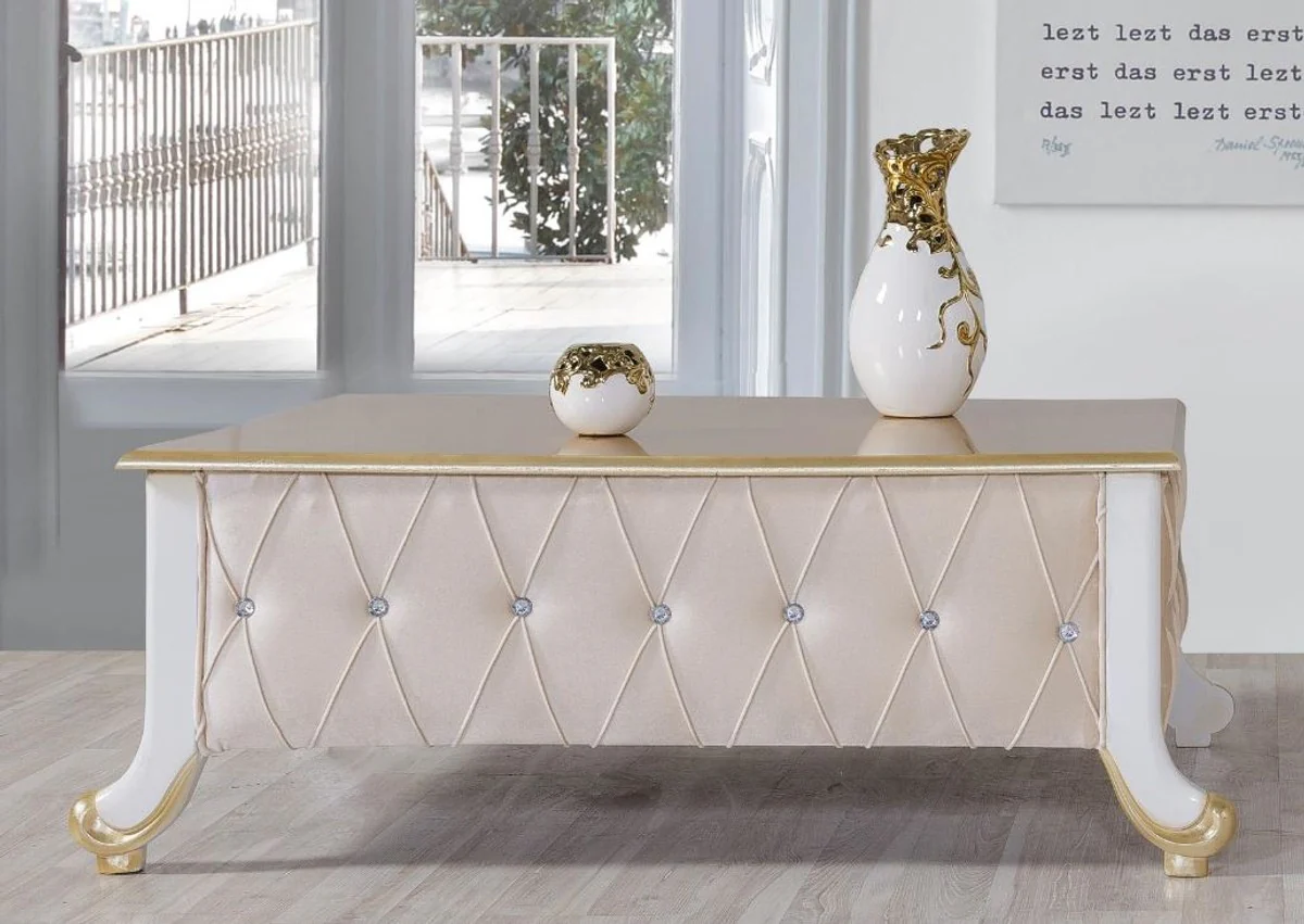 Barock Couchtisch Beige / Weiß / Gold 100 x 64 x H. 43 cm - Edler Barockstil Wohnzimmertisch mit Glitzersteinen - Barock Möbel