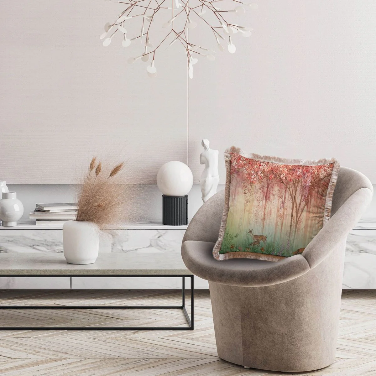 Luxus Deko Kissen Wald & Tiere Mehrfarbig / Braun 45 x 45 cm - Bedrucktes Samt Kissen mit Fransen - Luxus Deko Accessoires