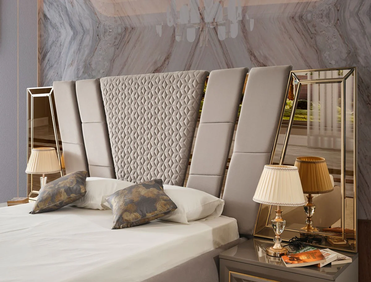 Luxus Art Deco Schlafzimmer Set Grau / Gold - 1 Doppelbett mit Kopfteil & 2 Nachtkommoden - Art Deco Schlafzimmer Möbel - Luxus Schlafzimmer Möbel - Luxus Einrichtung