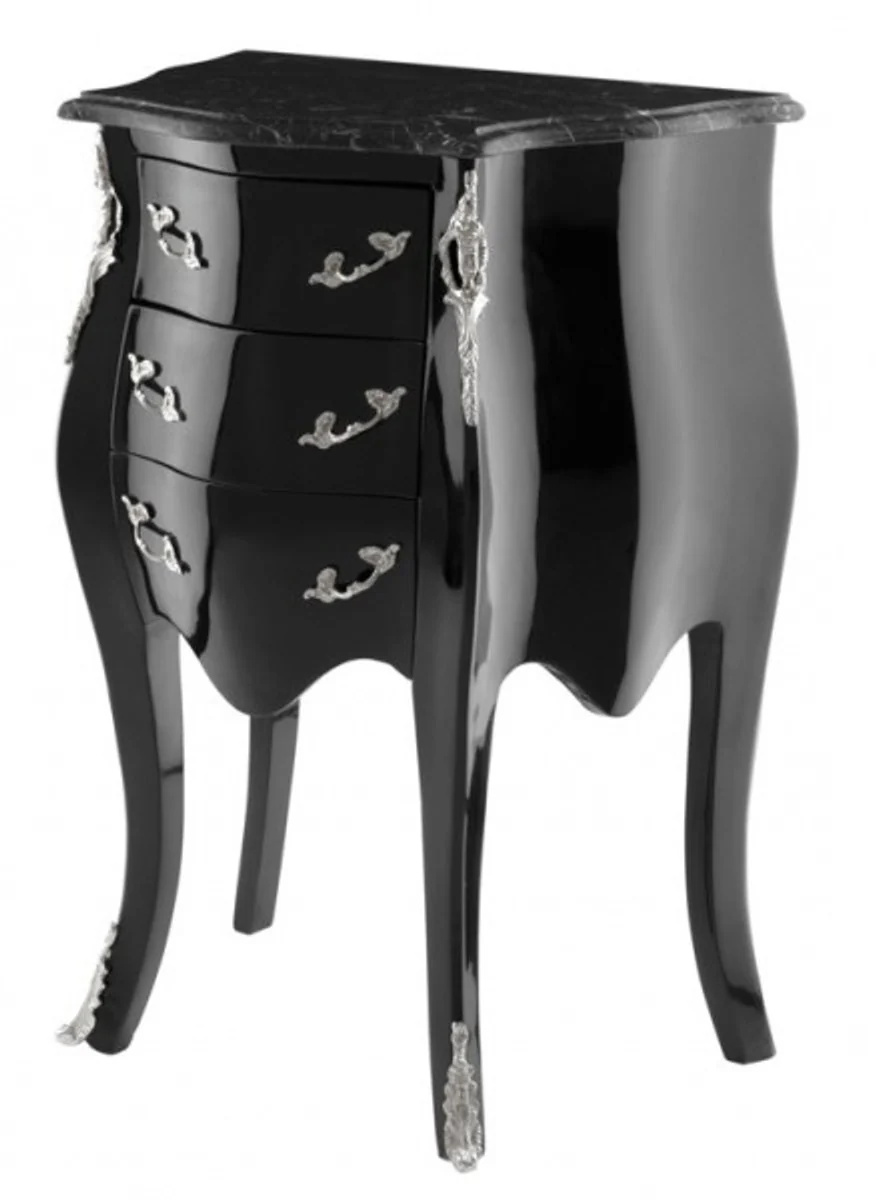 Barock Luxus Kommode Klavierlack Schwarz B 52 x T 34 x H 72 cm mit Marmorplatte