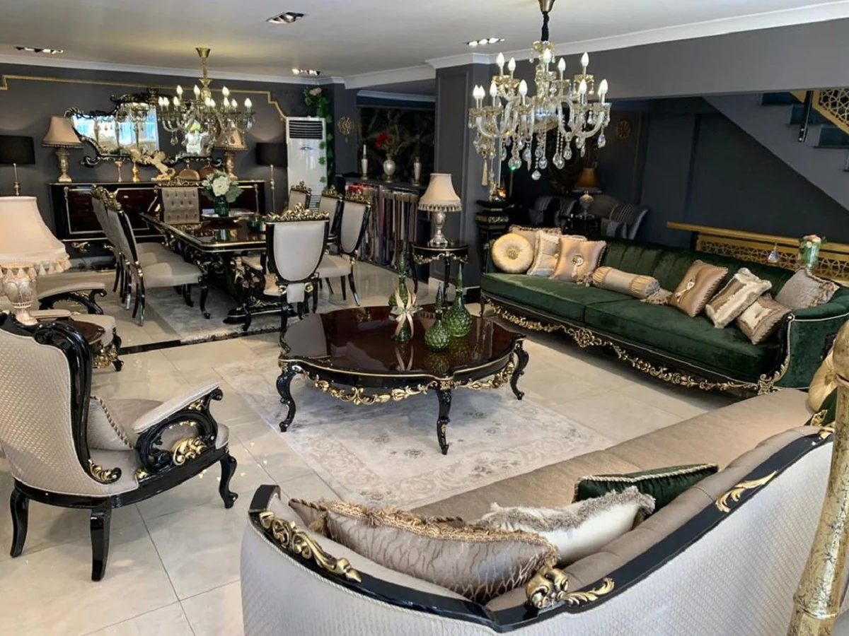 Luxus Barock Sofa Silber / Schwarz / Gold - Prunkvolles Wohnzimmer im Barockstil - Barock Wohnzimmer Möbel - Edel & Prunkvoll