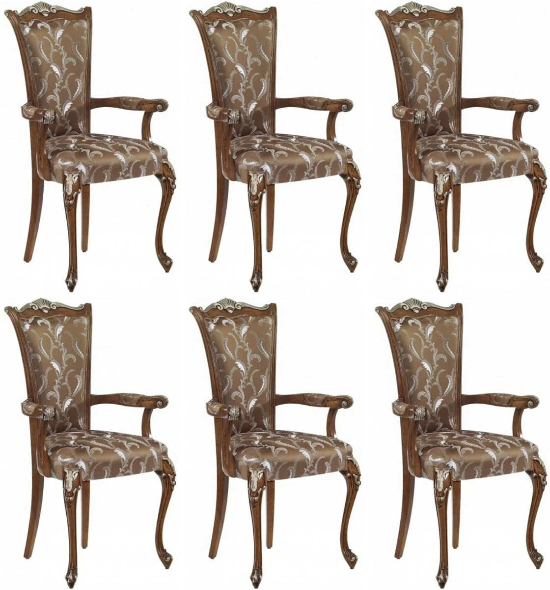 Luxus Barock Esszimmerstuhl Set Braun / Weiß / Silber - Handgefertigtes Küchen Stühle 6er Set mit Armlehnen - Barock Esszimmer Möbel - Luxus Qualität - Made in Italy