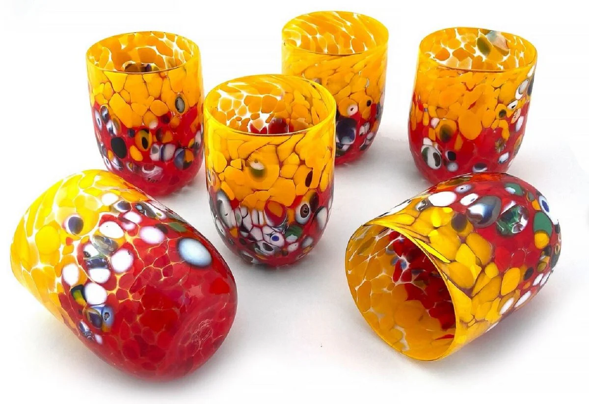 Luxus Murano Kristallglas Wasserglas 6er Set Gelb / Rot Ø 8 x H. 10,5 cm - Made in Italy