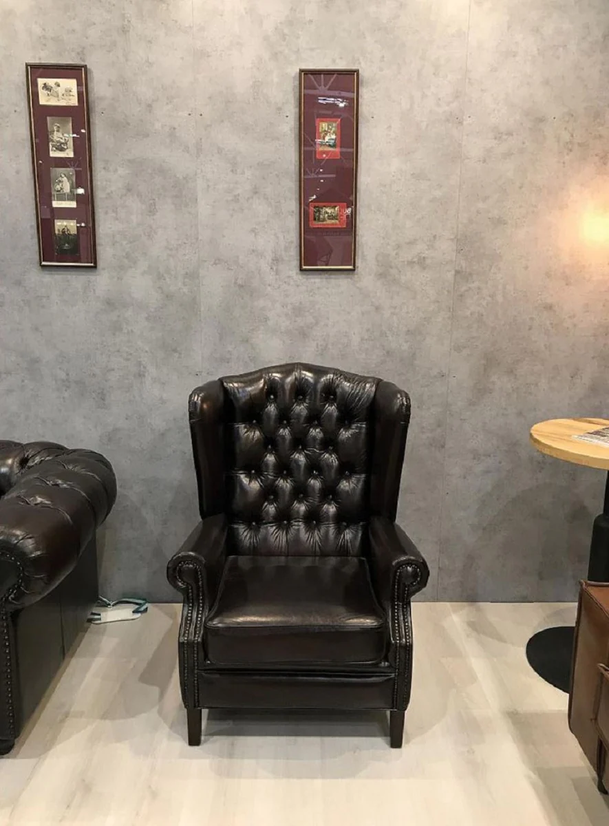 Luxus Chesterfield Leder Ohrensessel Schwarz - Chesterfield Echtleder Wohnzimmer Sessel - Wohnzimmer Möbel - Chesterfield Möbel - Echtleder Möbel - Luxus Möbel - Luxus Einrichtung