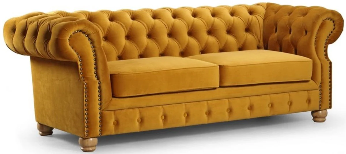 Luxus Chesterfield 3er Sofa Ocker / Hellbraun 217 x 93 x H. 77 cm - Chesterfield Wohnzimmer Sofa - Chesterfield Wohnzimmer Möbel