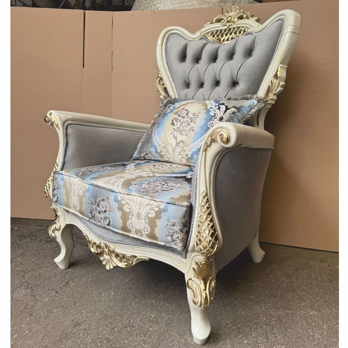 Barock Sessel Grau / Bunt / Creme / Gold - Prunkvolle Barock Möbel