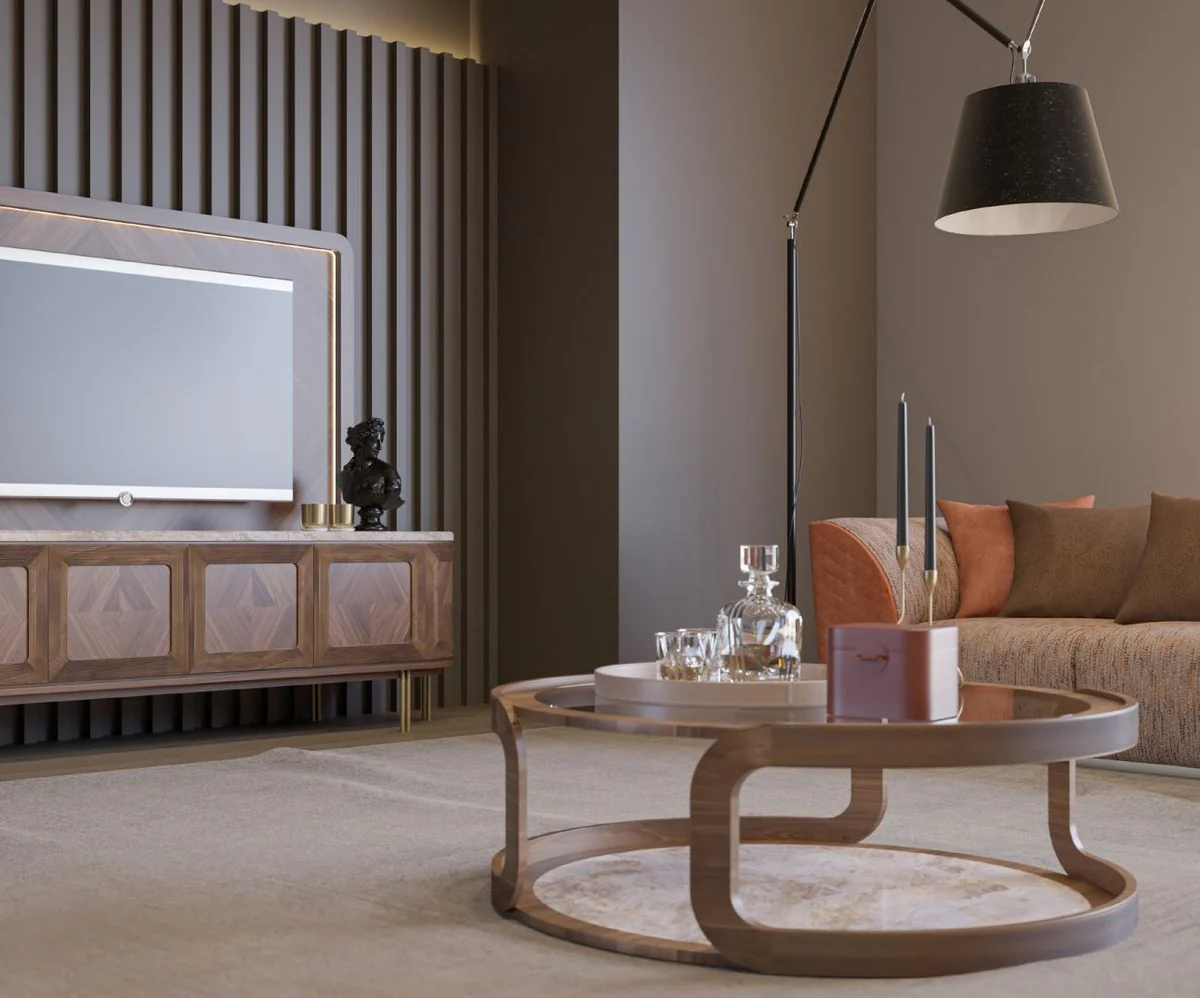 Luxus Couchtisch Braun / Beige Ø 120 x H. 40 cm - Runder Massivholz Wohnzimmertisch mit Glasplatte und Marmorplatte - Wohnzimmer Möbel - Hotel Möbel - Luxus Möbel - Luxus Einrichtung